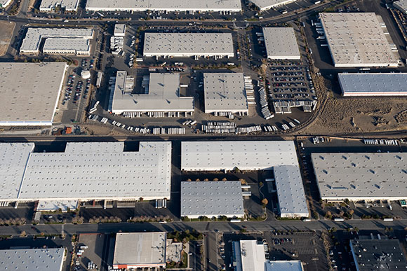 Buildings parking lots aerial photo
