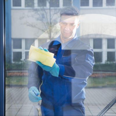 Professional Cleaner Wiping Down Glass