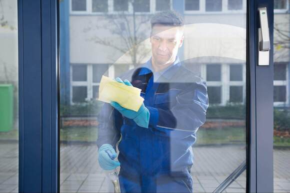 Professional Cleaner Wiping Down Glass